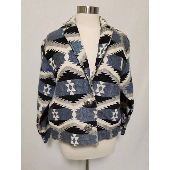 Womens 90s Vintage Southwest Tapestry Woven Jacket Blue Size Large Concho Button - Picture 1 of 9